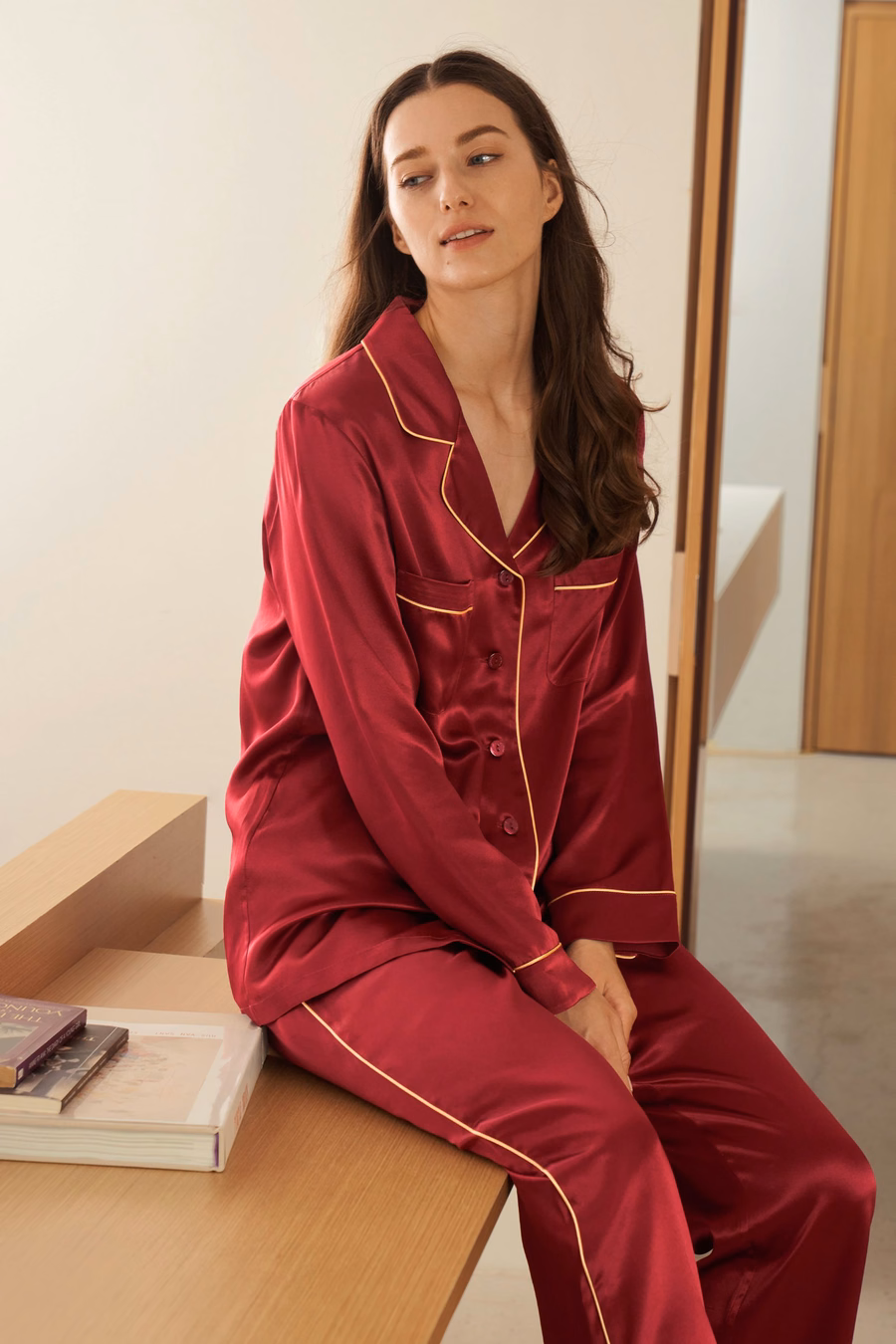 Gouden Piping Zijde Pyjama Set