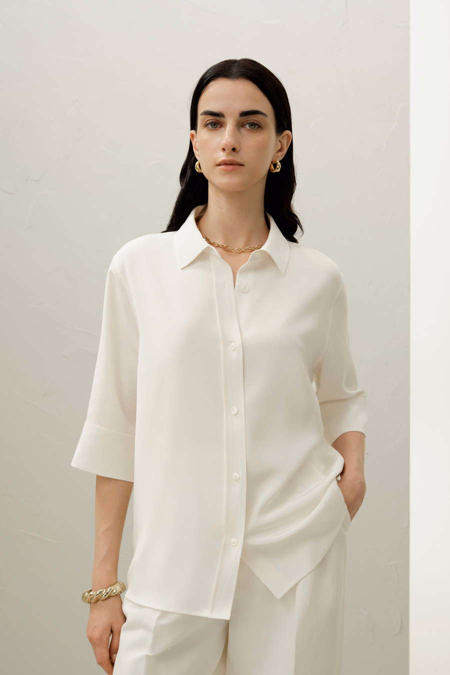 Zijden Crepe Ontspannen Halflange Mouwen Shirt