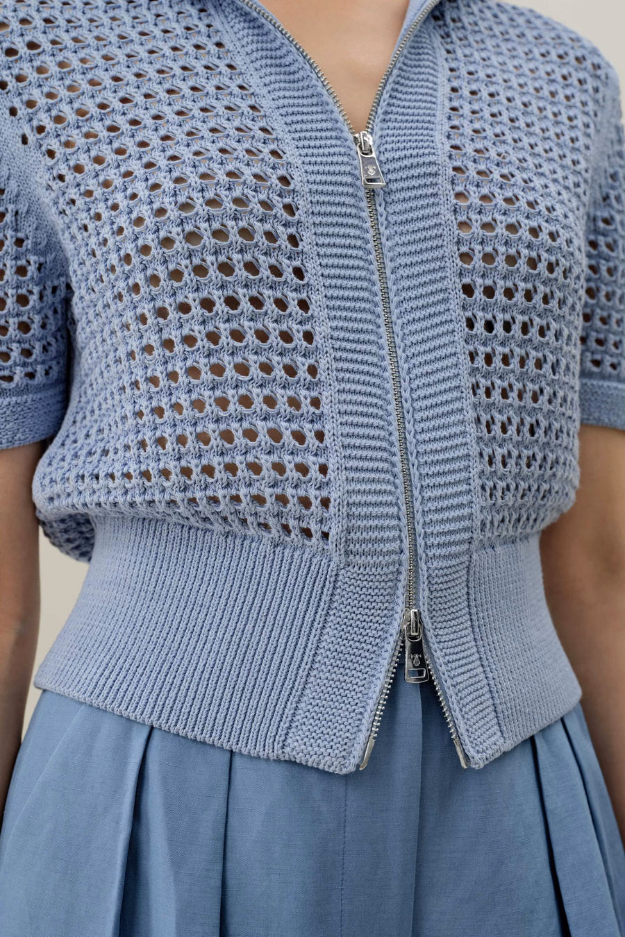 Toscana Pointelle Knit Double-Zip Cardigan