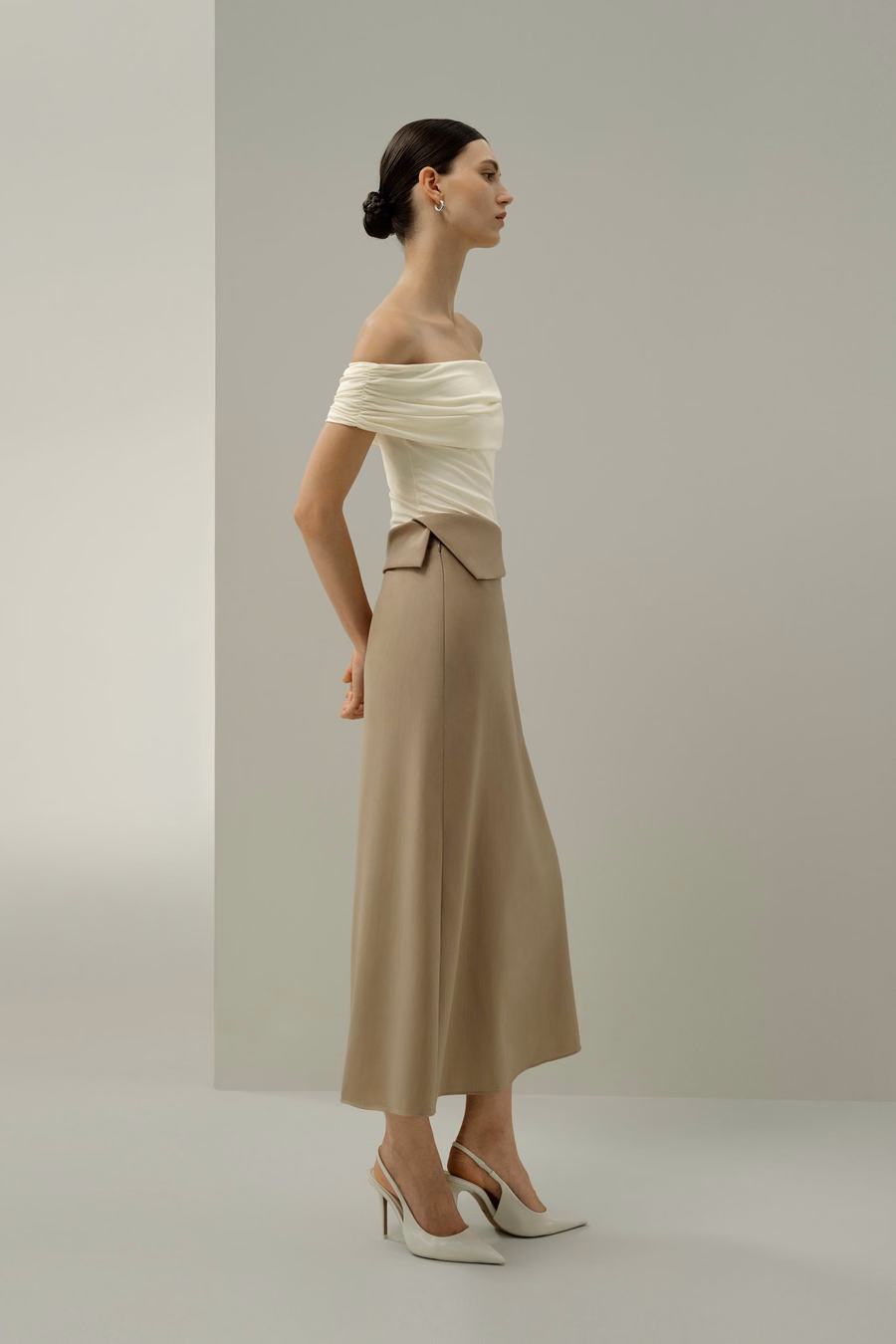 Asymmetrische Taille Zijde-Wol Midi Rok