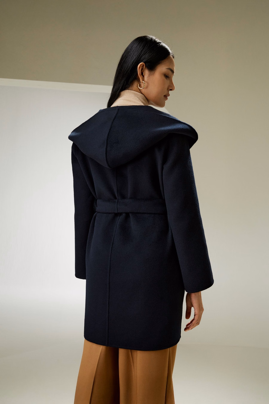 Cashmere-Wol-Mix Geknoopte Korte Hooded Jas