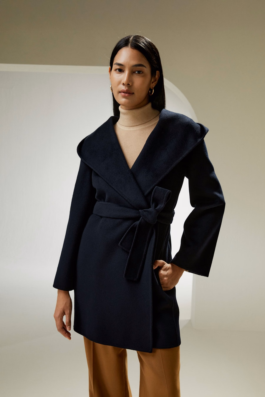 Cashmere-Wol-Mix Geknoopte Korte Hooded Jas