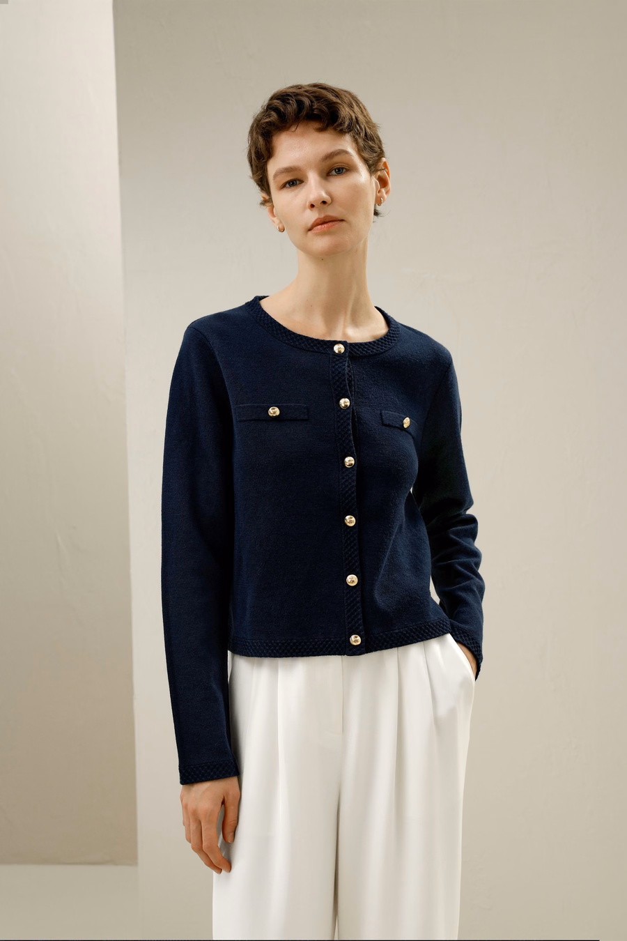 Merino Wol Gouden Knopen Cardigan