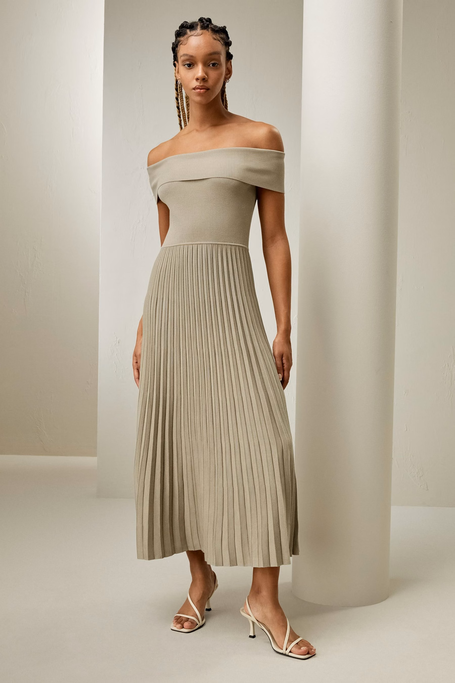 Off-Shoulder Hybride Geplooide Jurk