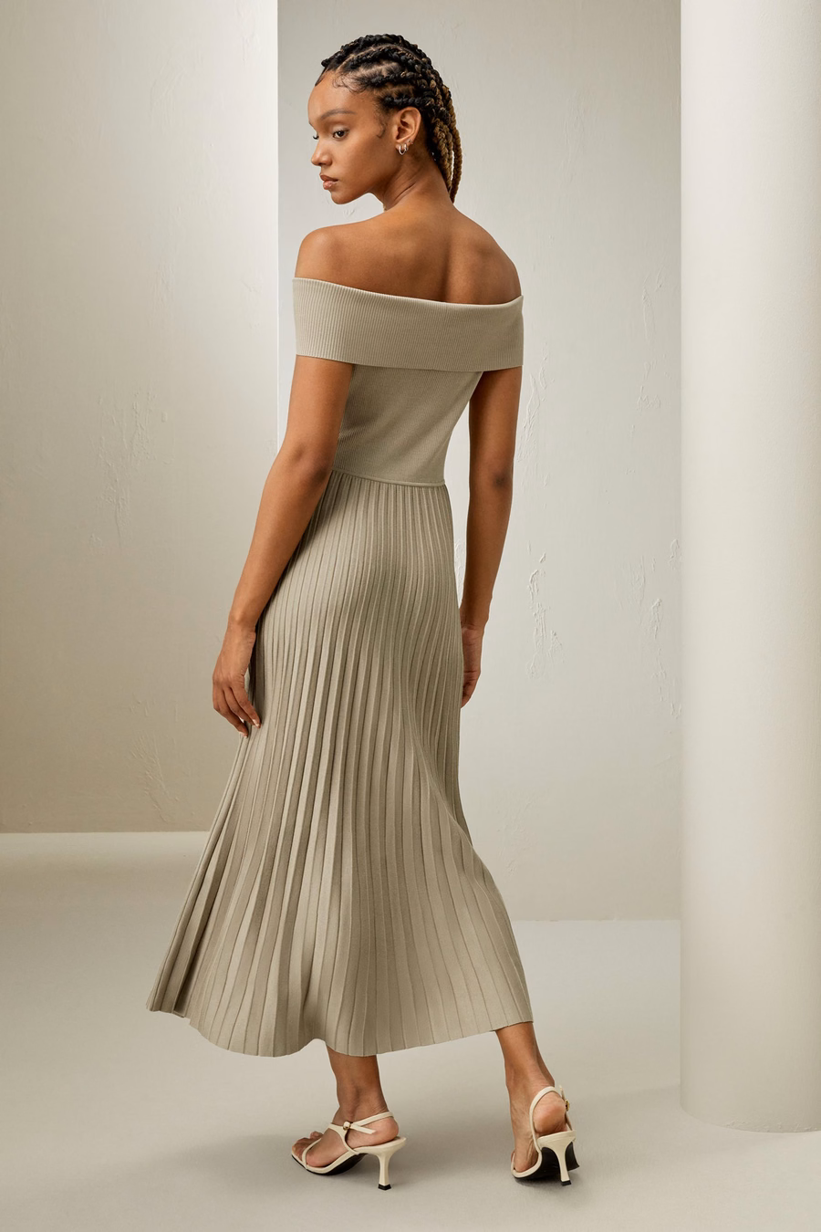 Off-Shoulder Hybride Geplooide Jurk