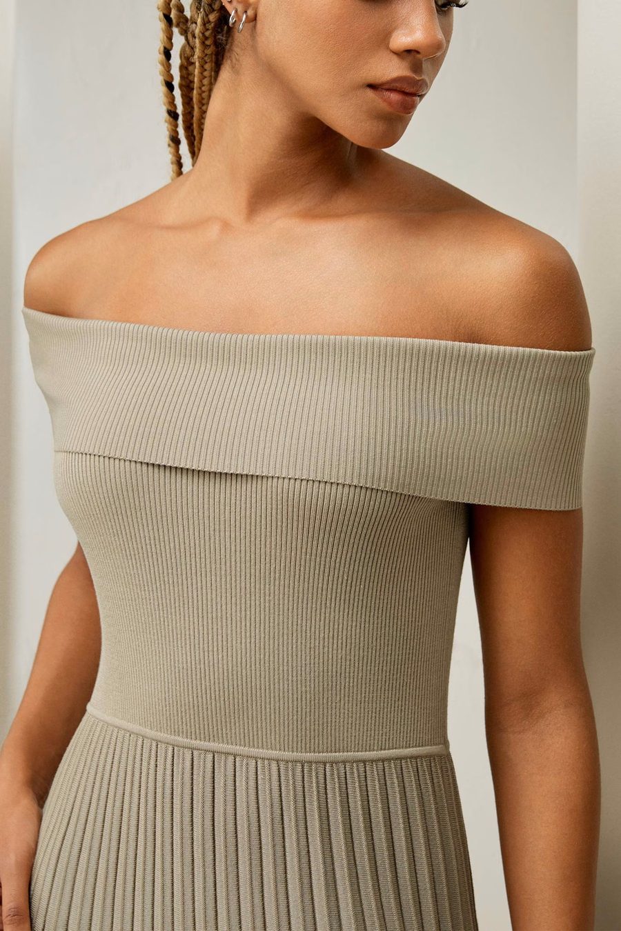 Off-Shoulder Hybride Geplooide Jurk