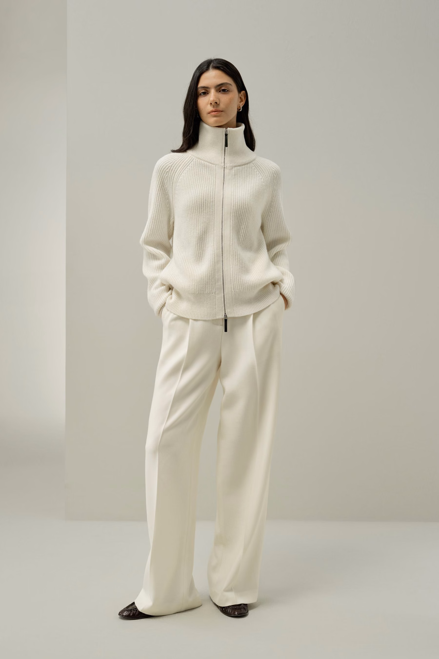 Geribbelde gebreide Turtleneck Rits Cardigan