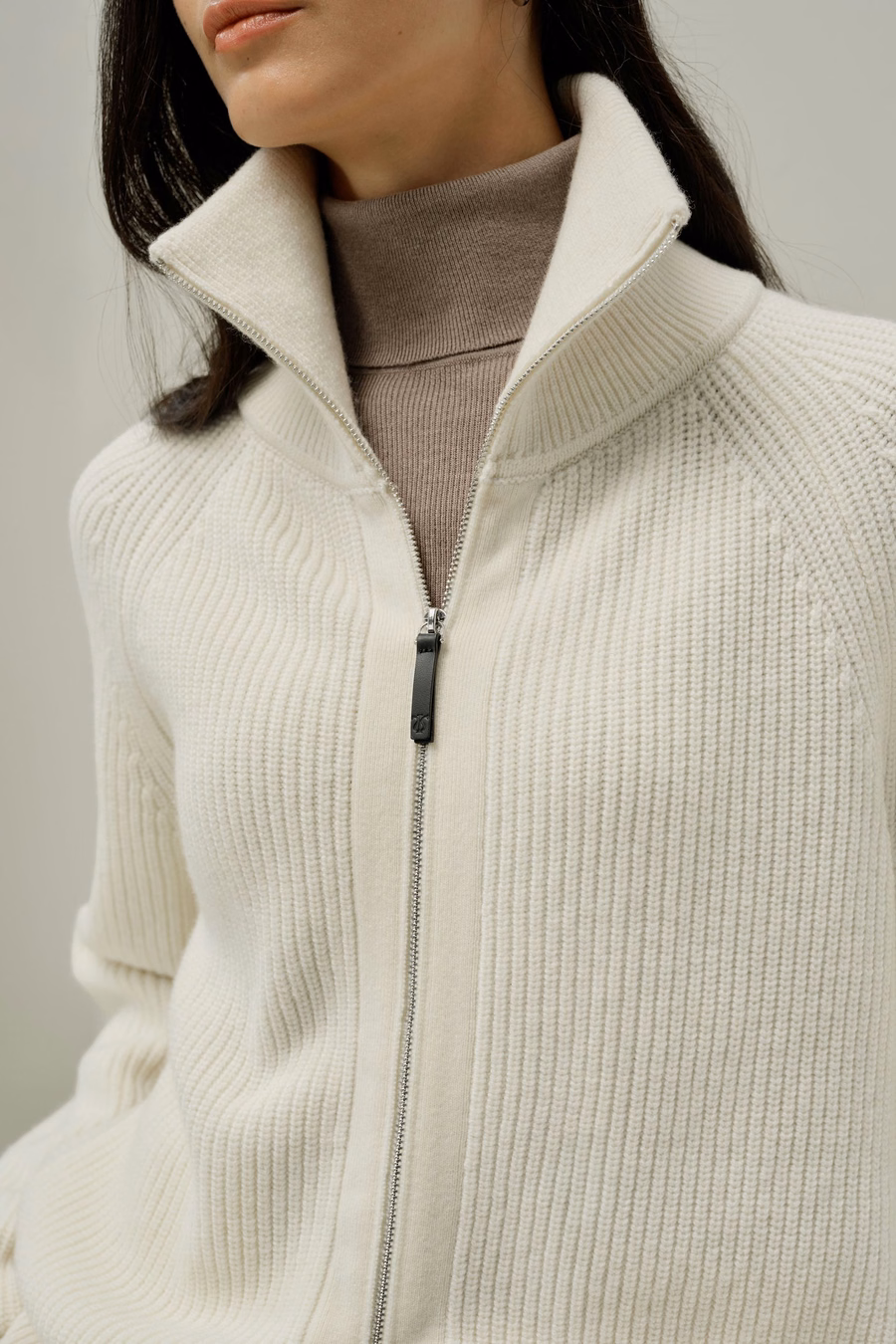 Geribbelde gebreide Turtleneck Rits Cardigan