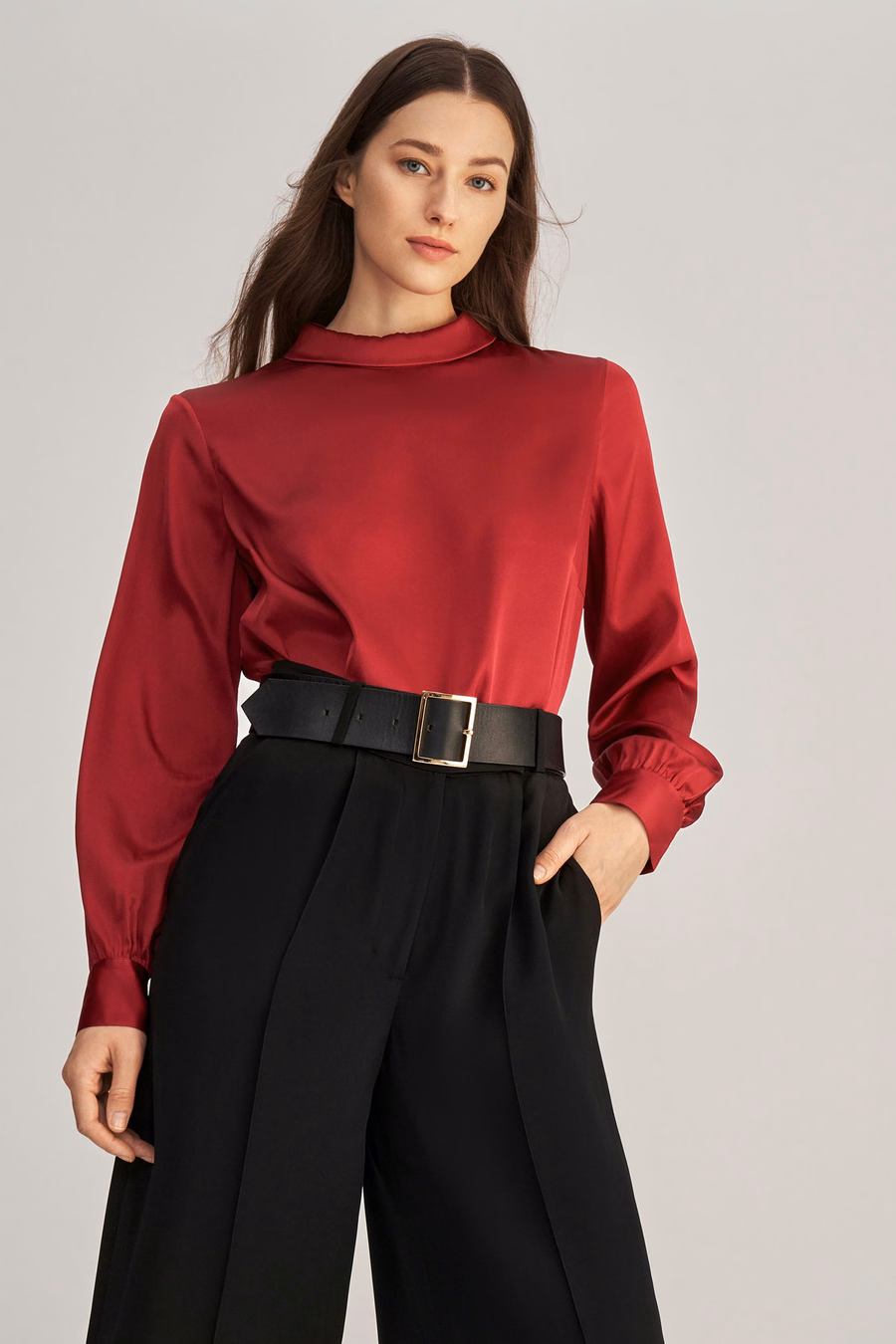 Stand Collar Long Sleeves Silk Blouse