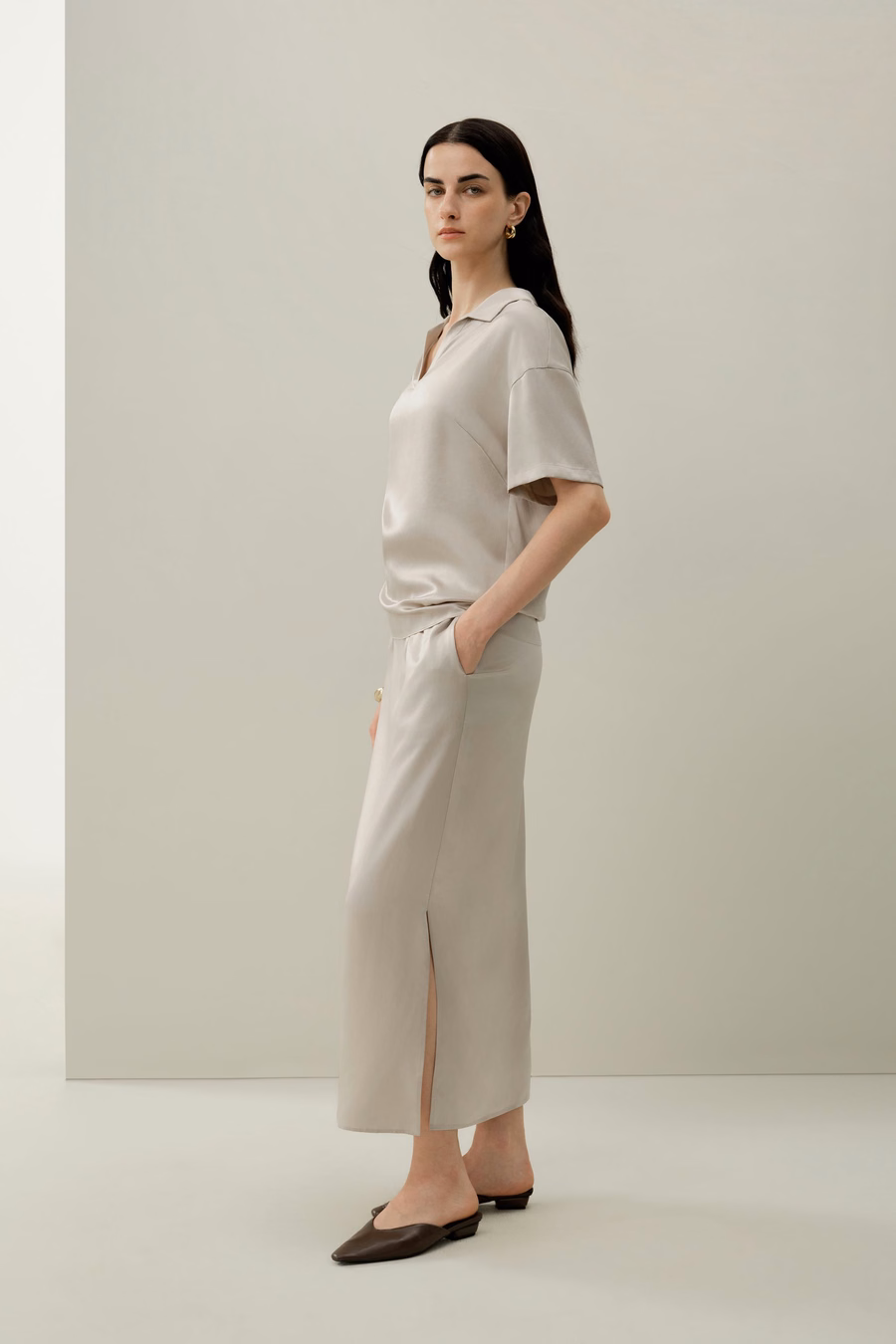 Wasbare zijde charmeuse polo top