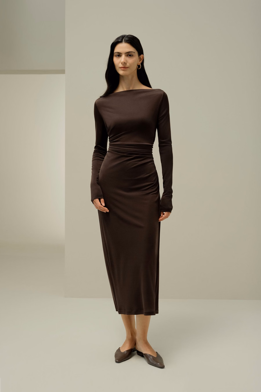 Elegante Zijden Jersey Geplooide Midi Jurk