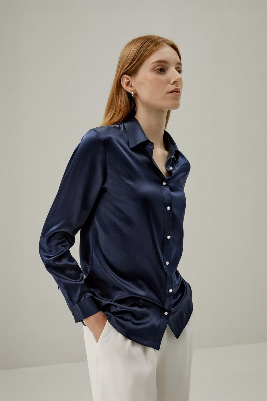 klassieke parelknopen zijde shirt
