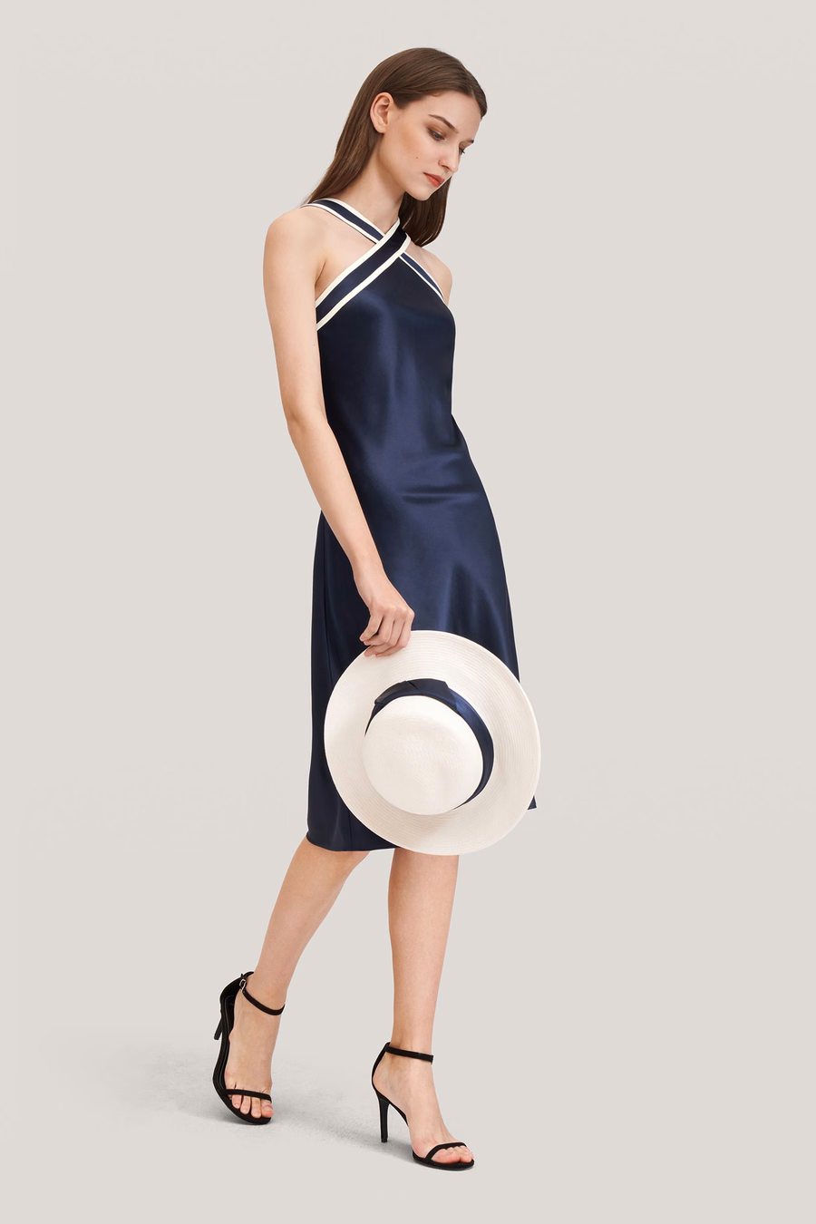 Glossy Camellia Silk Halter-Neck Dress