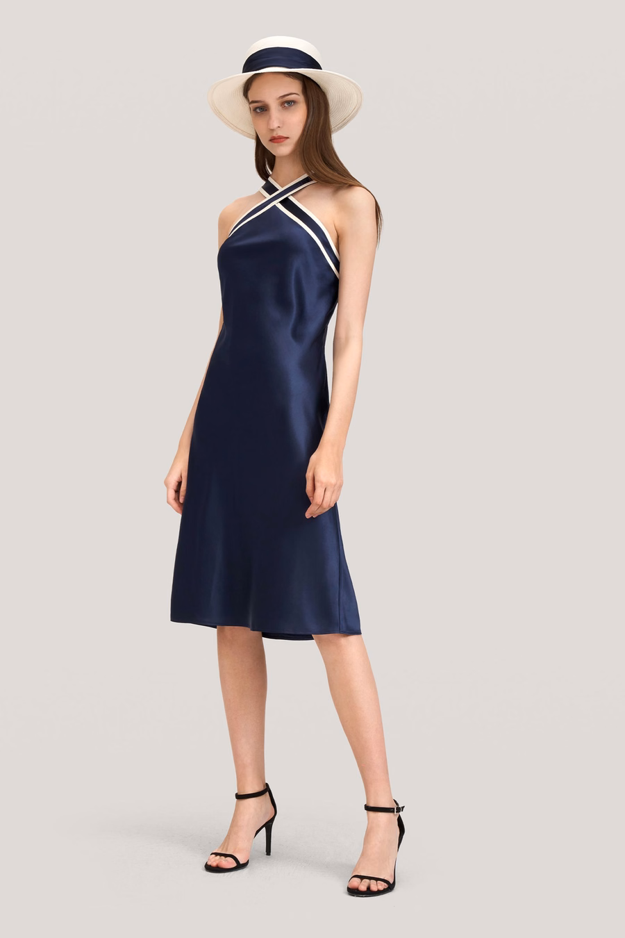 Glossy Camellia Silk Halter-Neck Dress