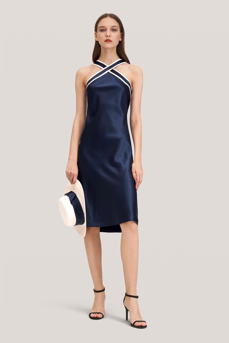 Glossy Camellia Silk Halter-Neck Dress