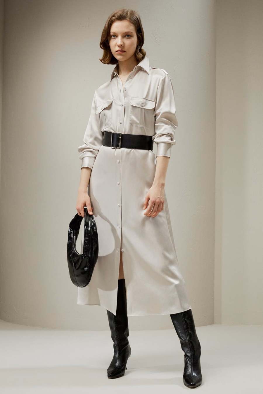 Trench-Stijl Zijde Midi Shirt Jurk
