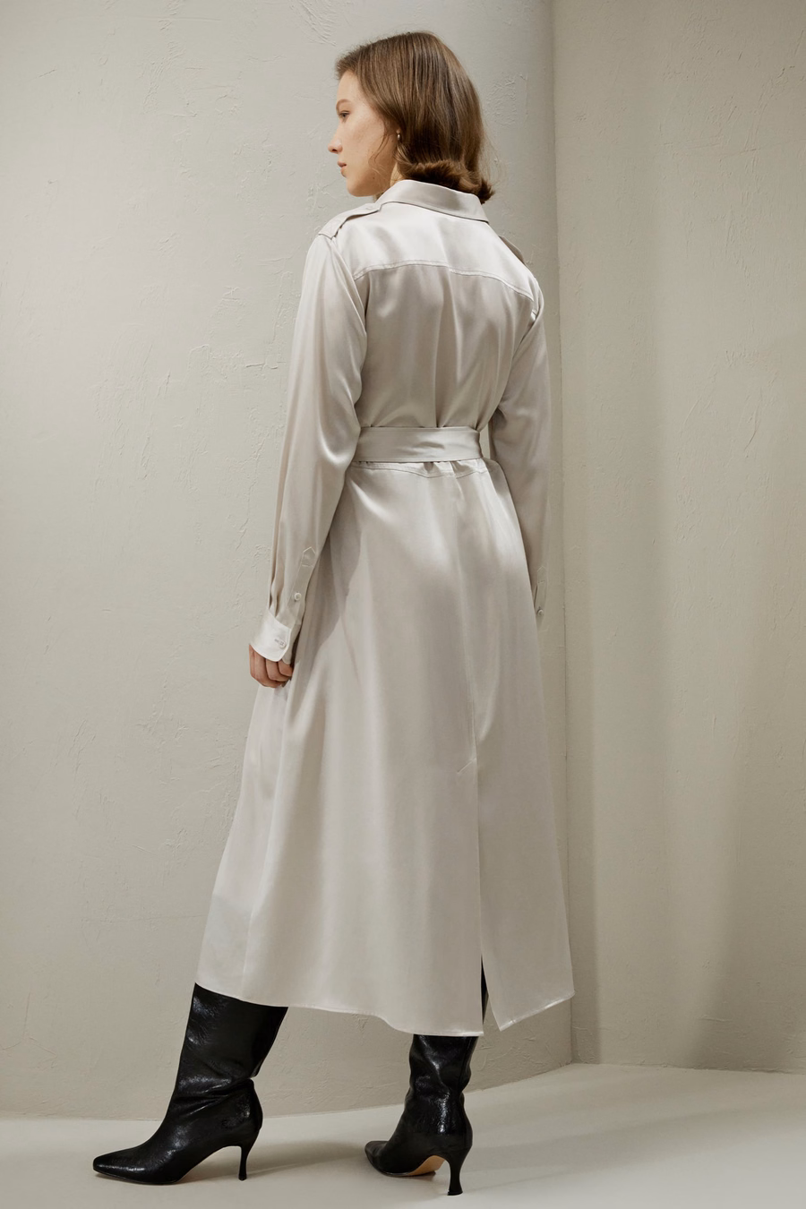 Trench-Stijl Zijde Midi Shirt Jurk