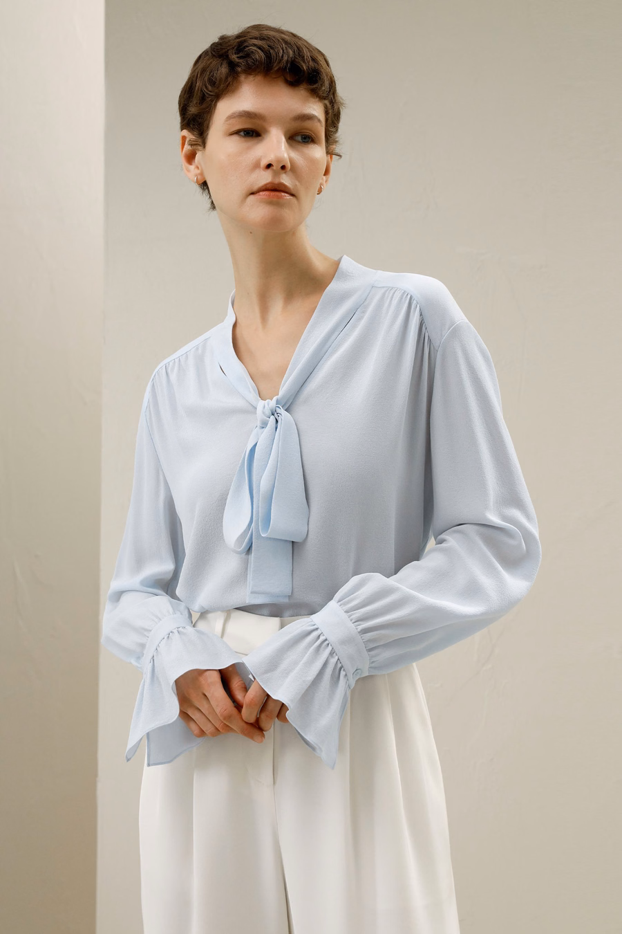Silk V-neck Ribbon Blouse
