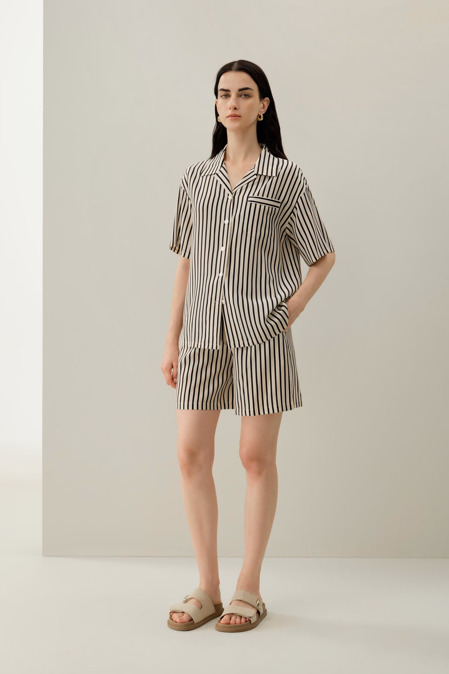 Gestreepte Zijde Cubaanse Kraag Shirt